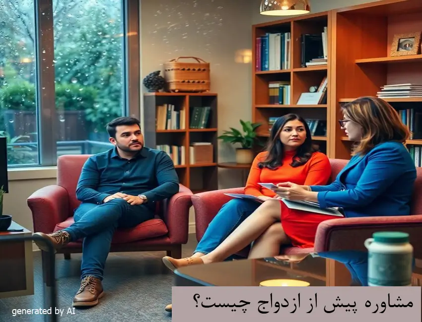 مشاوره خانواده 8 A man and woman sit together in a counseling session, discussing premarital topics with a therapist.
