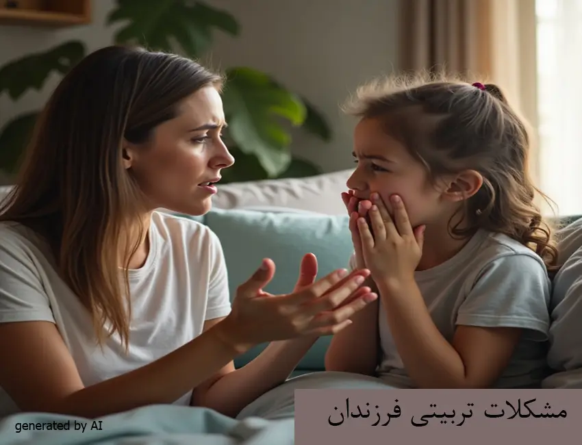 مشاوره خانواده 4 A stressed mother struggling with parenting issues as she talks to her upset child.