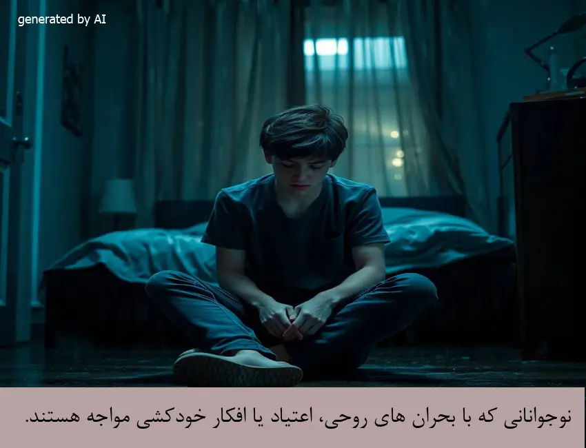 مشاوره نوجوانان 6 A distressed teenager sitting alone in a dim room, showing signs of emotional turmoil