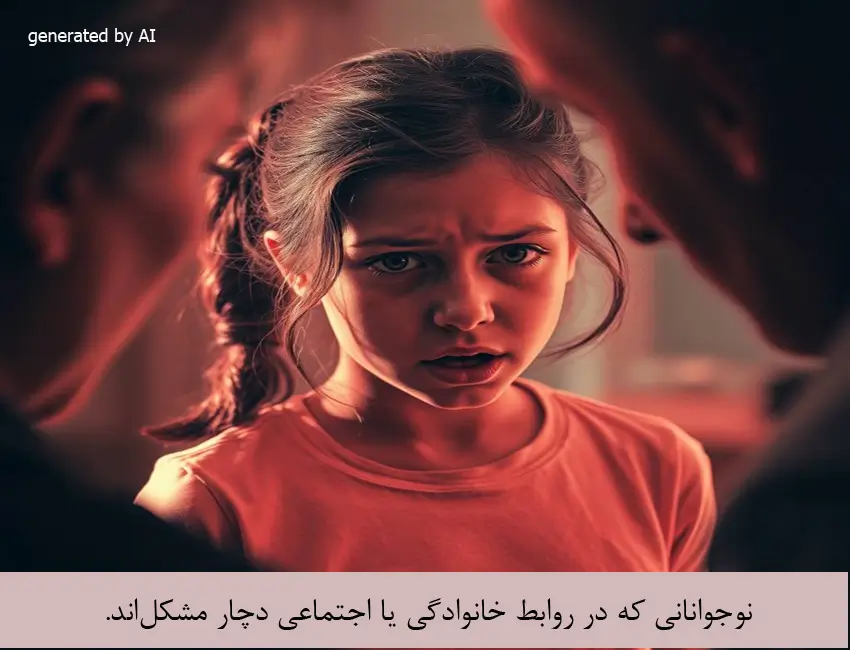 مشاوره نوجوانان 7 A troubled teenager sitting quietly, reflecting tension and conflict in the family.
