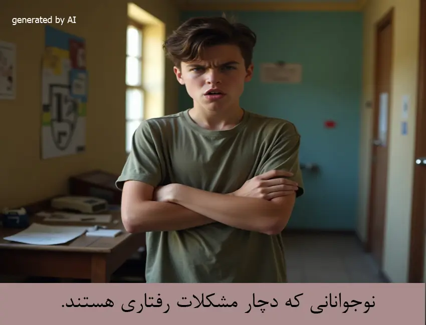 مشاوره نوجوانان 9 A teenage boy showing signs of defiance and behavioral issues, with a tense and rebellious expression.