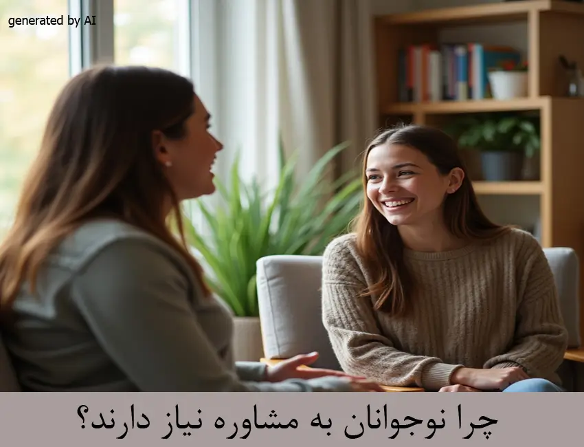 مشاوره نوجوانان 5 A teenager and a counselor talking during a therapy session in a calm, supportive setting.