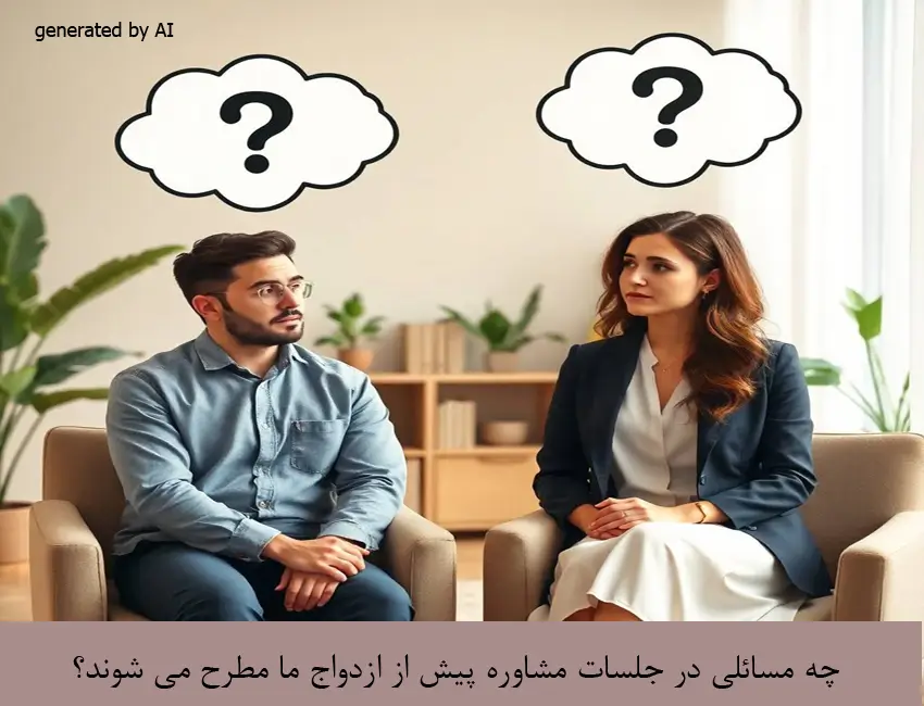 مشاوره خانواده 9 A couple attending a premarital counseling session, sitting together while listening to a professional counselor.